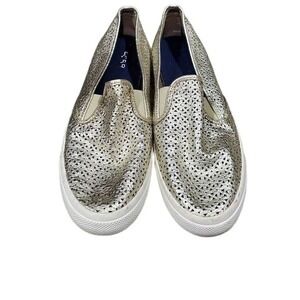 Sperry‎ Gold Metallic Floral Perforated Leather Slip On Sneakers Shoes Size 10